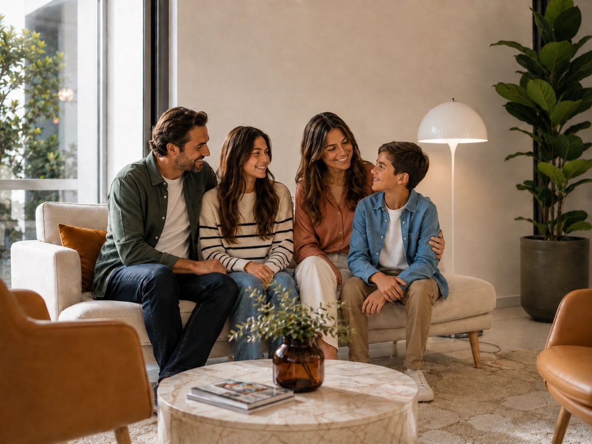 Famille avec deux enfants de différents âges dans un intérieur lumineux, illustration d’une première consultation orthodontique chez l’enfant.