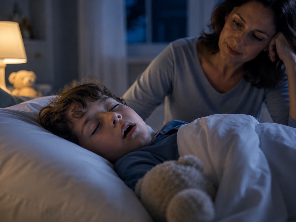 Parent observant un enfant endormi, illustration du dépistage des troubles respiratoires du sommeil chez l’enfant.